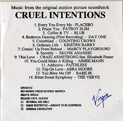 Original Soundtrack Cruel Intentions UK Promo CD-R acetate (629395)